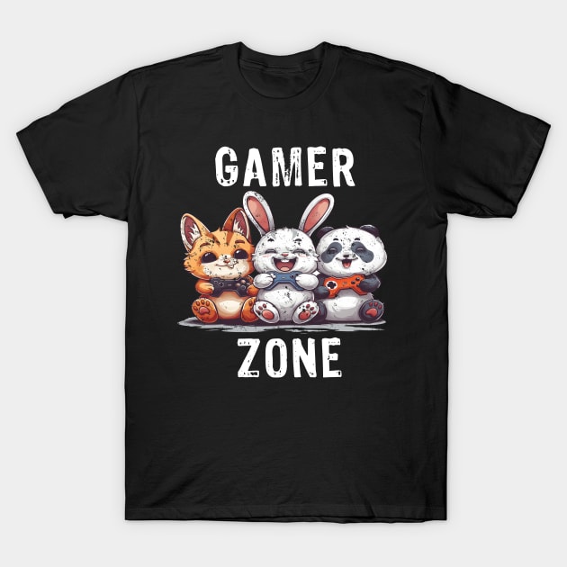 Gamer Zone Cat Bunny Panda-white text T-Shirt by Rocky Ro Designs